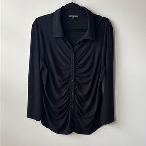 Adrianna Papell Blouse Top Plus Size 1X Black Button-Up Ruched Top Collared